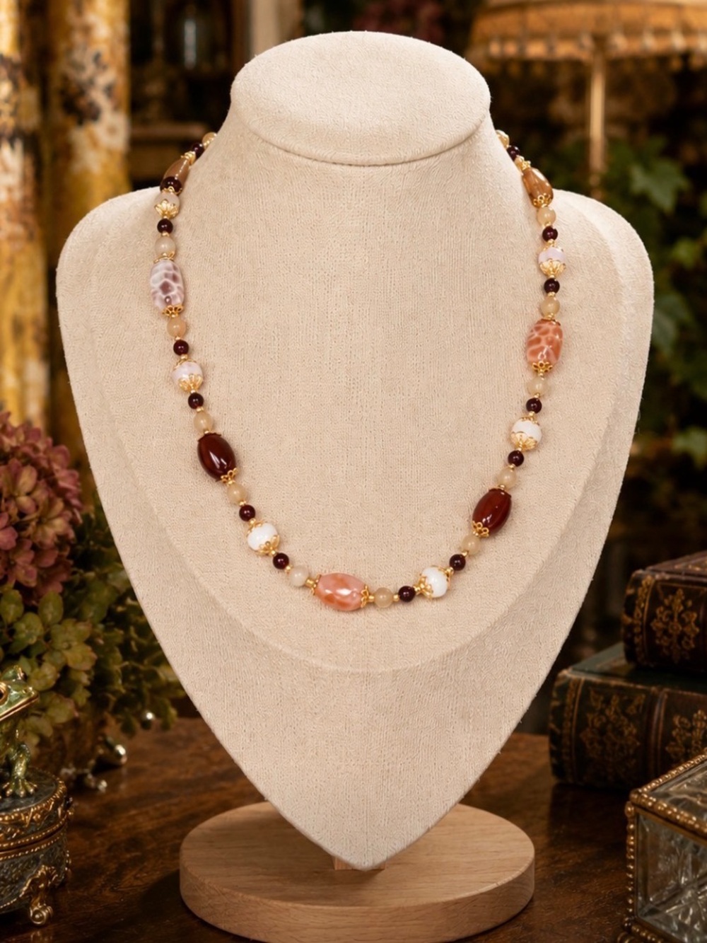 Artisan necklace featuring Carnelian, Agate, Amethyst, Sandstone, Crystal & gold